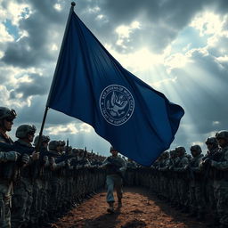 A formidable army lined up on a battlefield, soldiers in tactical gear displaying a navy blue flag with a detailed emblem
