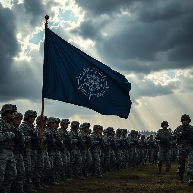 A formidable army lined up on a battlefield, soldiers in tactical gear displaying a navy blue flag with a detailed emblem