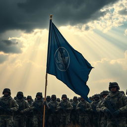 A formidable army lined up on a battlefield, soldiers in tactical gear displaying a navy blue flag with a detailed emblem