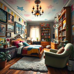 An artistic representation of a beautiful, eclectic bedroom filled with vibrant colors and a mix of furnishings