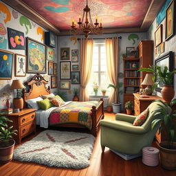 An artistic representation of a beautiful, eclectic bedroom filled with vibrant colors and a mix of furnishings