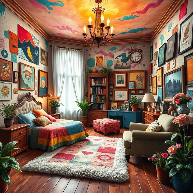 An artistic representation of a beautiful, eclectic bedroom filled with vibrant colors and a mix of furnishings