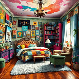 An artistic representation of a beautiful, eclectic bedroom filled with vibrant colors and a mix of furnishings