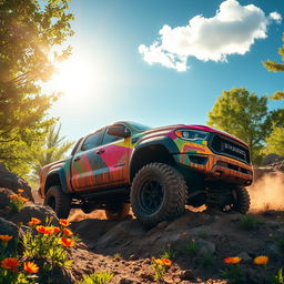 A vibrant and rugged off-road pickup truck navigating through a rugged terrain, surrounded by lush green trees and colorful wildflowers