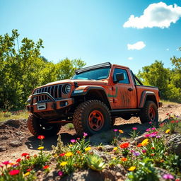 A vibrant and rugged off-road pickup truck navigating through a rugged terrain, surrounded by lush green trees and colorful wildflowers
