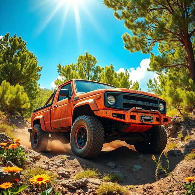 A vibrant and rugged off-road pickup truck navigating through a rugged terrain, surrounded by lush green trees and colorful wildflowers