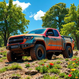 A vibrant and rugged off-road pickup truck navigating through a rugged terrain, surrounded by lush green trees and colorful wildflowers