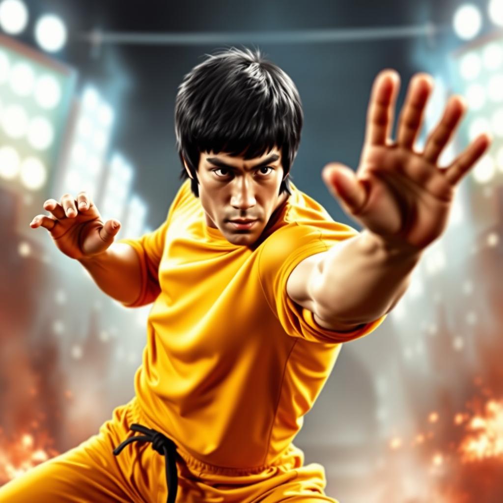 A dynamic and powerful depiction of Bruce Lee in a classic martial arts pose, showcasing his agility and intense focus