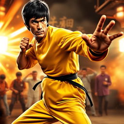 A dynamic and powerful depiction of Bruce Lee in a classic martial arts pose, showcasing his agility and intense focus