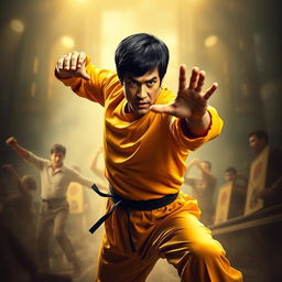 A dynamic and powerful depiction of Bruce Lee in a classic martial arts pose, showcasing his agility and intense focus
