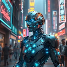 A futuristic scene depicting a highly advanced cybernetic being, inspired by pop culture interpretations of cyborgs
