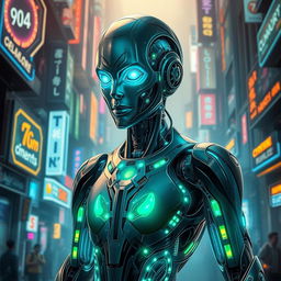 A futuristic scene depicting a highly advanced cybernetic being, inspired by pop culture interpretations of cyborgs
