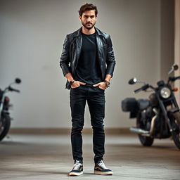 A tall man standing confidently, height 190 cm, with a strong, athletic build