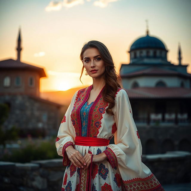 A beautiful woman wearing a traditional Turkish dress, adorned with intricate patterns and vibrant colors