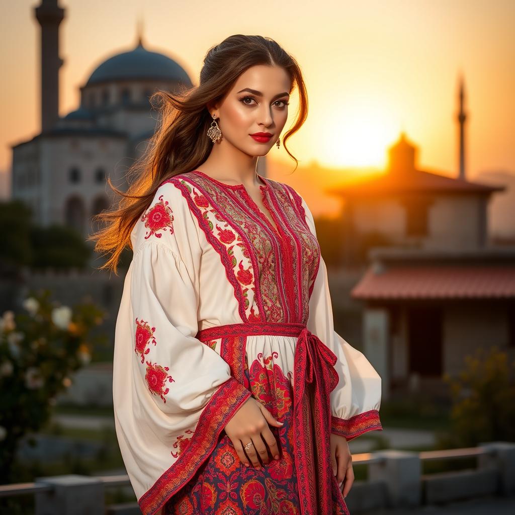 A beautiful woman wearing a traditional Turkish dress, adorned with intricate patterns and vibrant colors