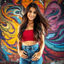 A stunning portrait of a confident young woman with flowing brunette hair cascading over her shoulders, wearing a stylish crop top and high-waisted jeans