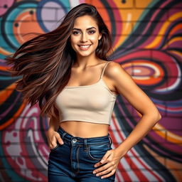 A stunning portrait of a confident young woman with flowing brunette hair cascading over her shoulders, wearing a stylish crop top and high-waisted jeans