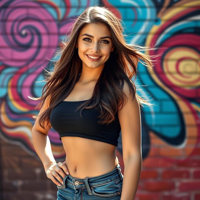 A stunning portrait of a confident young woman with flowing brunette hair cascading over her shoulders, wearing a stylish crop top and high-waisted jeans