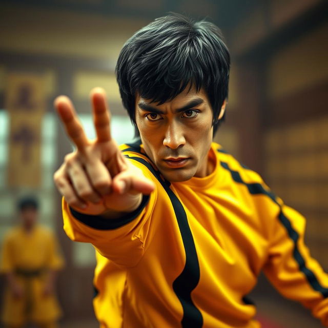 A dynamic portrayal of Bruce Lee in an action pose, showcasing his famous martial arts skills
