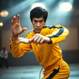 A dynamic portrayal of Bruce Lee in an action pose, showcasing his famous martial arts skills