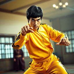 A dynamic portrayal of Bruce Lee in an action pose, showcasing his famous martial arts skills