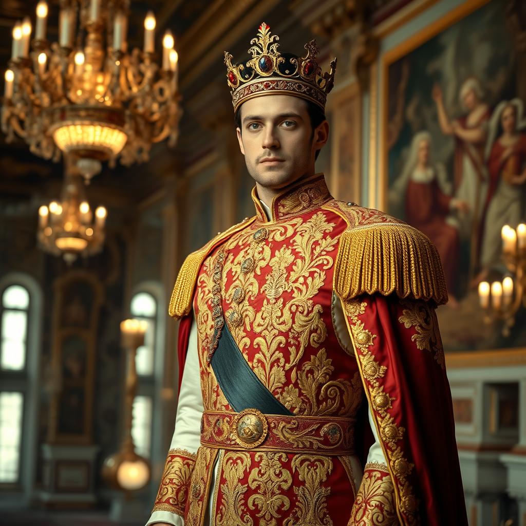 A regal prince standing in an ornate palace, dressed in a luxurious royal outfit adorned with intricate golden embroidery