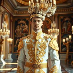 A regal prince standing in an ornate palace, dressed in a luxurious royal outfit adorned with intricate golden embroidery