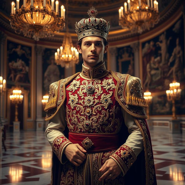 A regal prince standing in an ornate palace, dressed in a luxurious royal outfit adorned with intricate golden embroidery