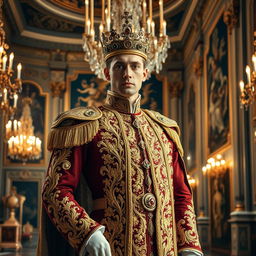 A regal prince standing in an ornate palace, dressed in a luxurious royal outfit adorned with intricate golden embroidery