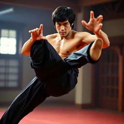 A powerful and dynamic portrait of Bruce Lee, captured mid-action in a martial arts pose