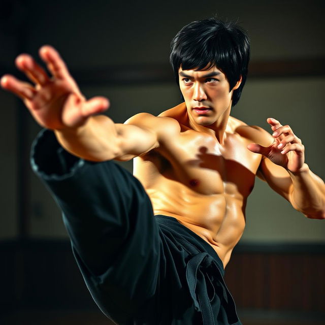 A powerful and dynamic portrait of Bruce Lee, captured mid-action in a martial arts pose