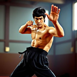 A powerful and dynamic portrait of Bruce Lee, captured mid-action in a martial arts pose