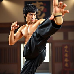 A powerful and dynamic portrait of Bruce Lee, captured mid-action in a martial arts pose