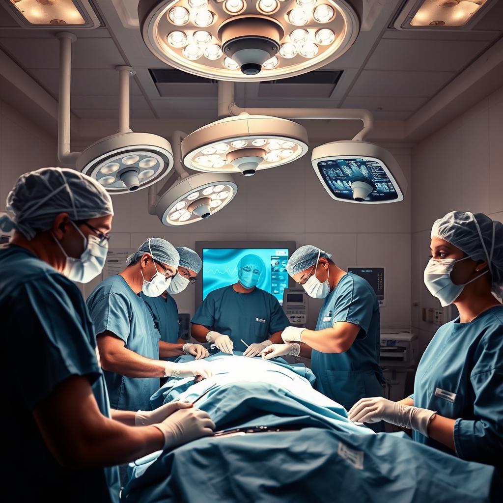 A realistic operating room scene featuring medical professionals in surgical scrubs, masks, and gloves, working diligently
