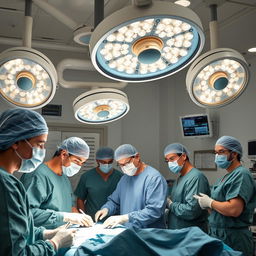 A realistic operating room scene featuring medical professionals in surgical scrubs, masks, and gloves, working diligently