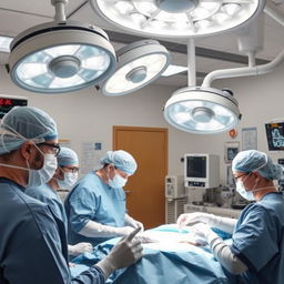 A realistic operating room scene featuring medical professionals in surgical scrubs, masks, and gloves, working diligently