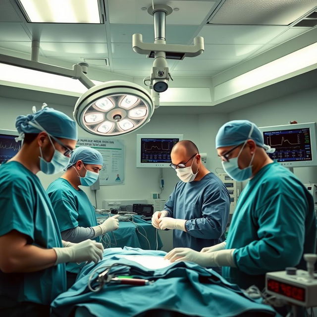 A realistic operating room scene featuring medical professionals in surgical scrubs, masks, and gloves, working diligently