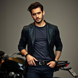 A stylish man around 30 years old, standing confidently at 190 cm with a strong, athletic build