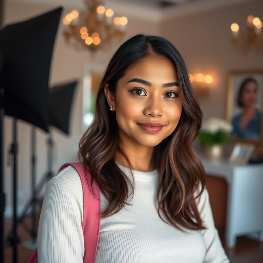 A portrait of a person in an indoor photography studio, with a medium blur background that creates a soft, professional ambiance