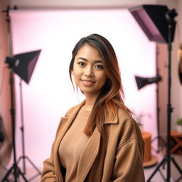 A portrait of a person in an indoor photography studio, with a medium blur background that creates a soft, professional ambiance