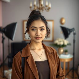 A portrait of a person in an indoor photography studio, with a medium blur background that creates a soft, professional ambiance