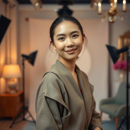 A portrait of a person in an indoor photography studio, with a medium blur background that creates a soft, professional ambiance