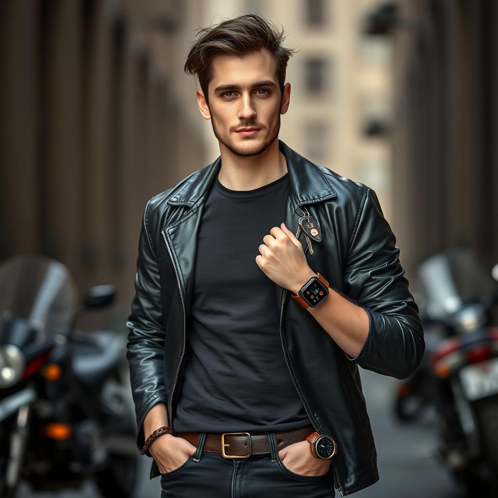 A striking image of a man in his 30s standing confidently