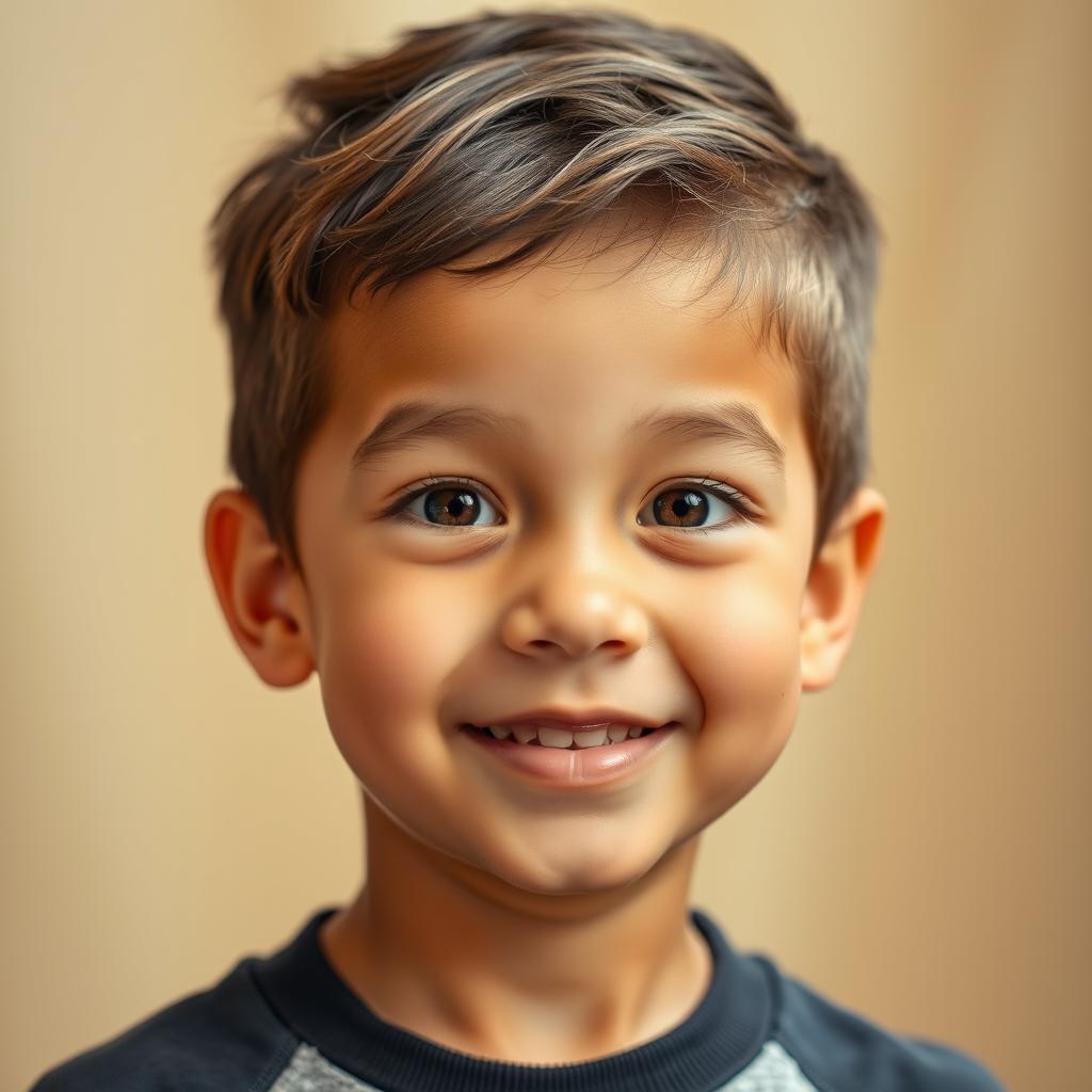 A portrait of a young boy with a charming and playful expression, combining features from both parents