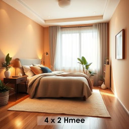 A cozy, stylish bedroom that measures 4x3 meters, featuring a warm color palette with soft lighting