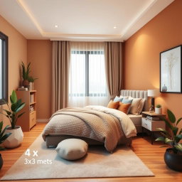 A cozy, stylish bedroom that measures 4x3 meters, featuring a warm color palette with soft lighting