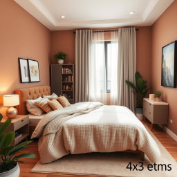 A cozy, stylish bedroom that measures 4x3 meters, featuring a warm color palette with soft lighting