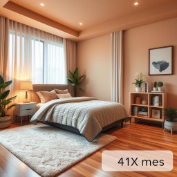 A cozy, stylish bedroom that measures 4x3 meters, featuring a warm color palette with soft lighting