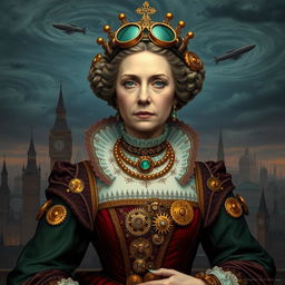 A depiction of Queen Elizabeth the First in a steampunk style, featuring intricate Victorian fashion with gears and cogs integrated into her elegant gown