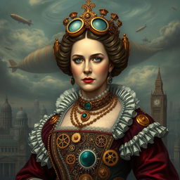A depiction of Queen Elizabeth the First in a steampunk style, featuring intricate Victorian fashion with gears and cogs integrated into her elegant gown